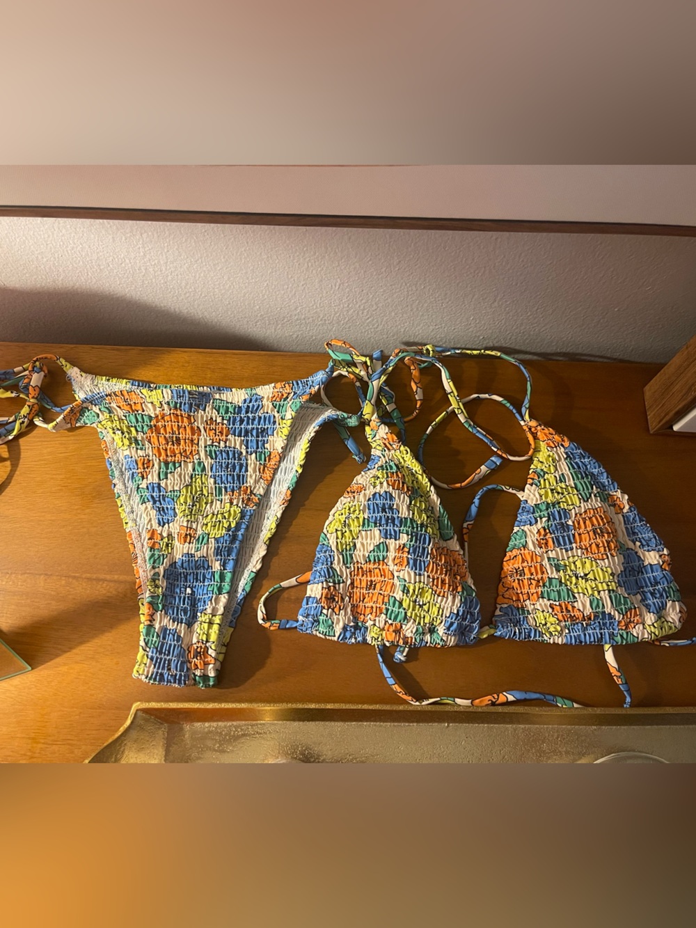 SHEIN Smocked Floral Triangle Bikini Set in Blue, Orange & Yellow Size Medium